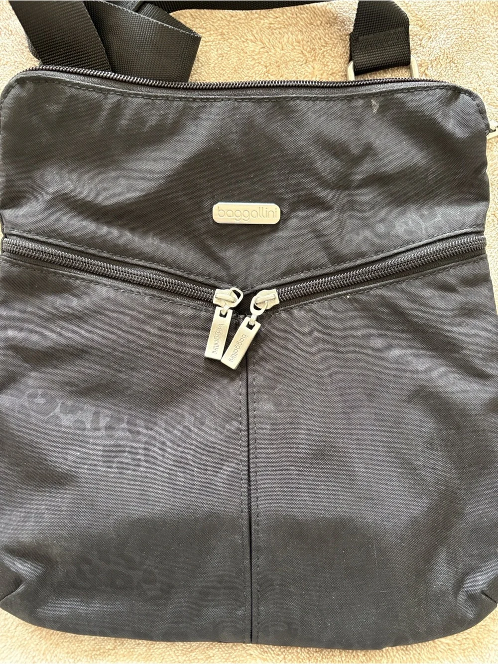 Baggallini Black Nylon Crossbody with Subtle Leopard Texture